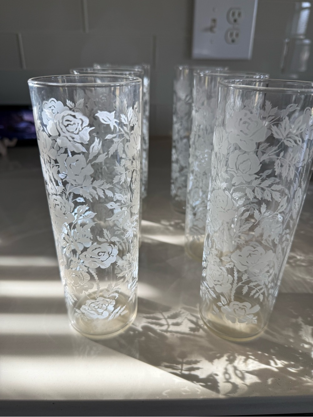 Vintage White Rose libbey 12oz 7” Etched Tall Glasses - Set of 6 winter rose